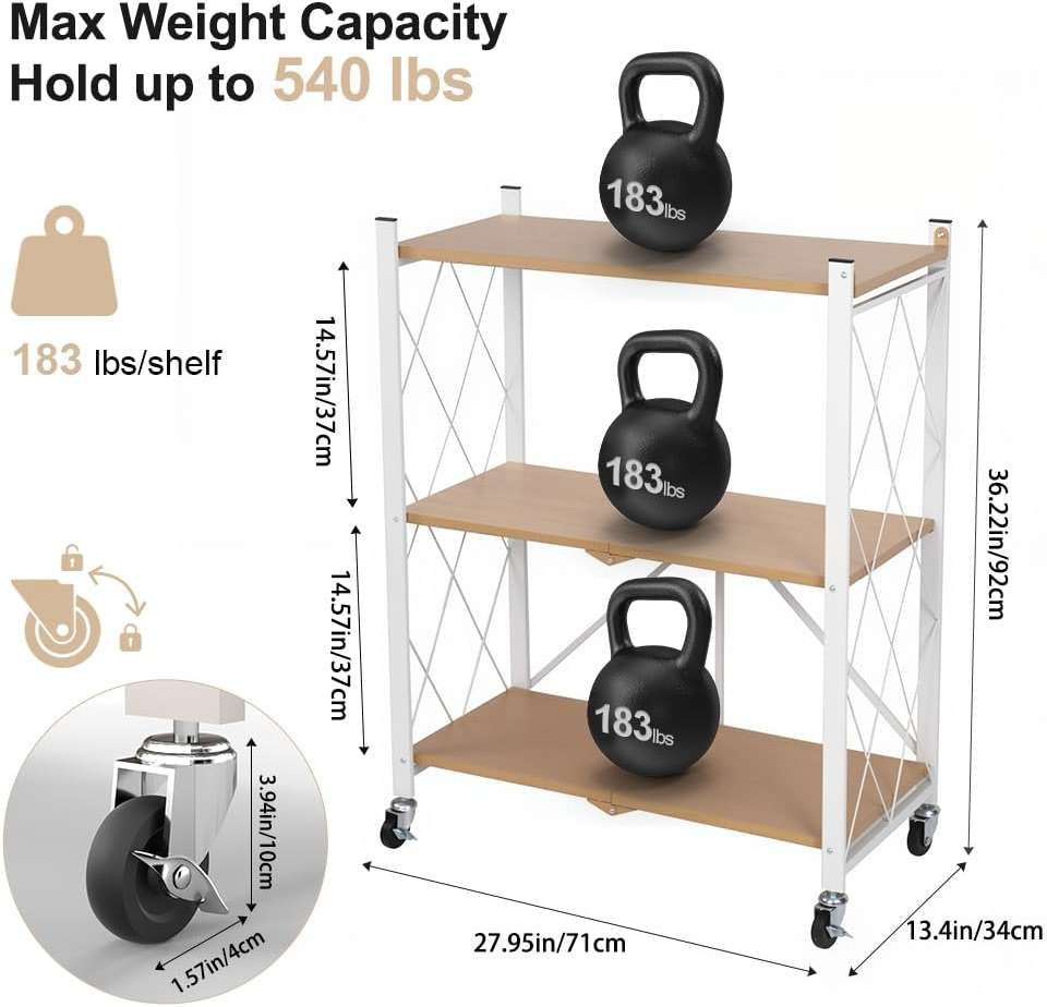 Hershii 3-Tier Metal Storage Rack with Wheels, Folding Metal Rack Shelving Unit, Rolling Cart for Books Kitchen Storage Shelves, Pantry & Closet Organizer, Office Room Decor - Image 2
