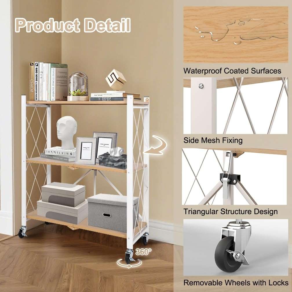 Hershii 3-Tier Metal Storage Rack with Wheels, Folding Metal Rack Shelving Unit, Rolling Cart for Books Kitchen Storage Shelves, Pantry & Closet Organizer, Office Room Decor - Image 3