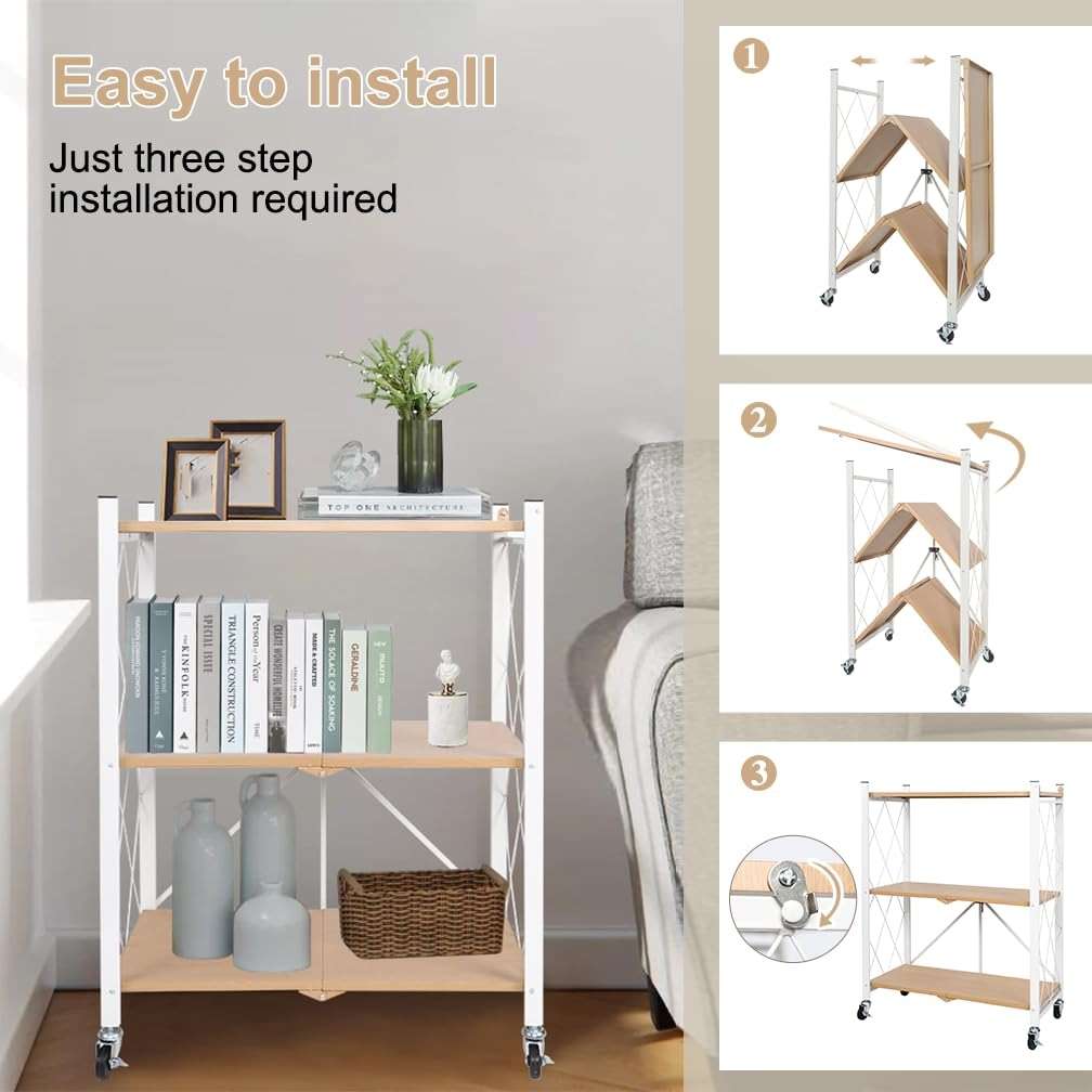 Hershii 3-Tier Metal Storage Rack with Wheels, Folding Metal Rack Shelving Unit, Rolling Cart for Books Kitchen Storage Shelves, Pantry & Closet Organizer, Office Room Decor - Image 4