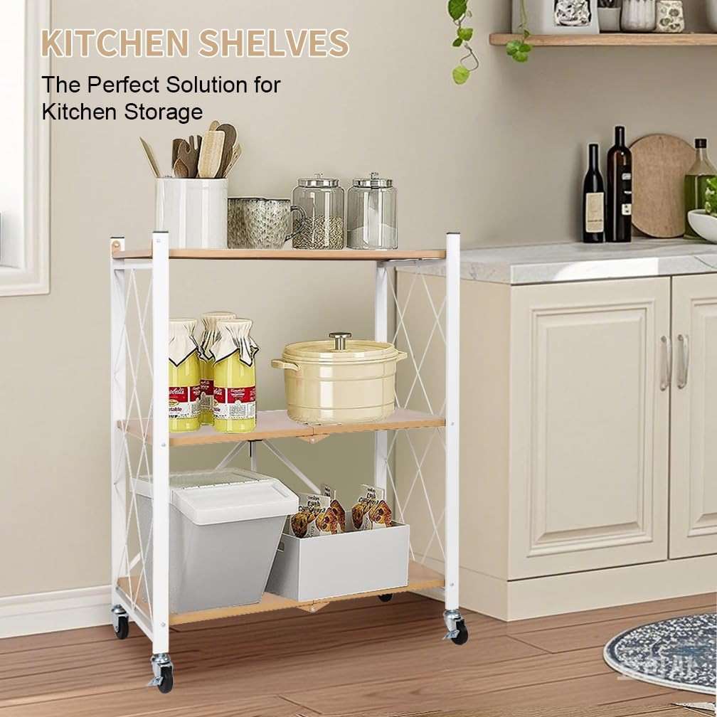 Hershii 3-Tier Metal Storage Rack with Wheels, Folding Metal Rack Shelving Unit, Rolling Cart for Books Kitchen Storage Shelves, Pantry & Closet Organizer, Office Room Decor - Image 5