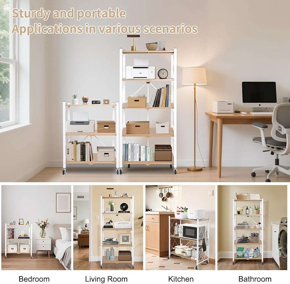 Hershii 3-Tier Metal Storage Rack with Wheels, Folding Metal Rack Shelving Unit, Rolling Cart for Books Kitchen Storage Shelves, Pantry & Closet Organizer, Office Room Decor - Image 7
