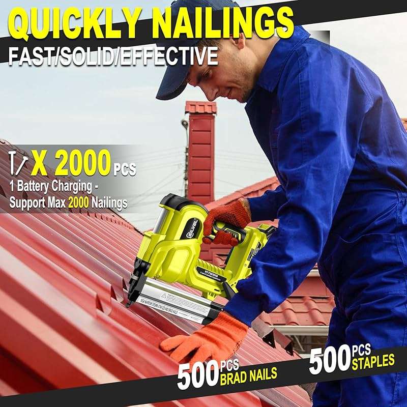 SILVEL 2" Cordless Brad Nailer, 2-in-1 21V Electric Brad Nailer with 2 * 2.0Ah Battery, 1000pcs Nails, 18GA Staples, Adjustable Depth for Woodworking, Home Improvement, green - Image 6