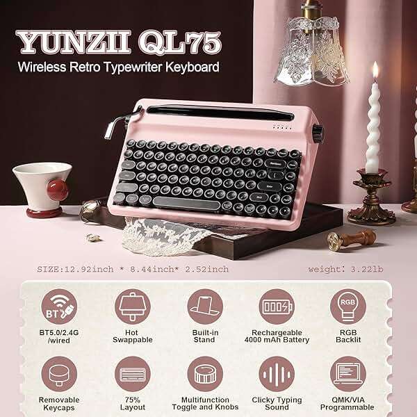 YUNZII QL75 Wireless Typewriter Hot Swap Retro Mechanical Keyboard,Punk Round Keycaps,RGB Backlit QMK/VIA Programmable,Multi-Device Keyboard with 2.4GHz/Type-C/BT5.0 (Pink, Cocoa Cream V2 Switch) - Image 2