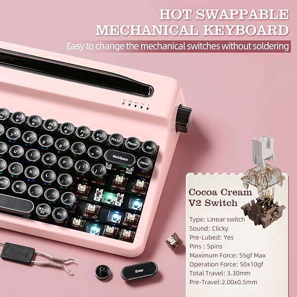 YUNZII QL75 Wireless Typewriter Hot Swap Retro Mechanical Keyboard,Punk Round Keycaps,RGB Backlit QMK/VIA Programmable,Multi-Device Keyboard with 2.4GHz/Type-C/BT5.0 (Pink, Cocoa Cream V2 Switch) - Image 3