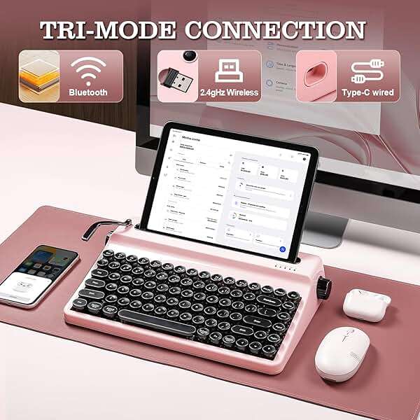 YUNZII QL75 Wireless Typewriter Hot Swap Retro Mechanical Keyboard,Punk Round Keycaps,RGB Backlit QMK/VIA Programmable,Multi-Device Keyboard with 2.4GHz/Type-C/BT5.0 (Pink, Cocoa Cream V2 Switch) - Image 5
