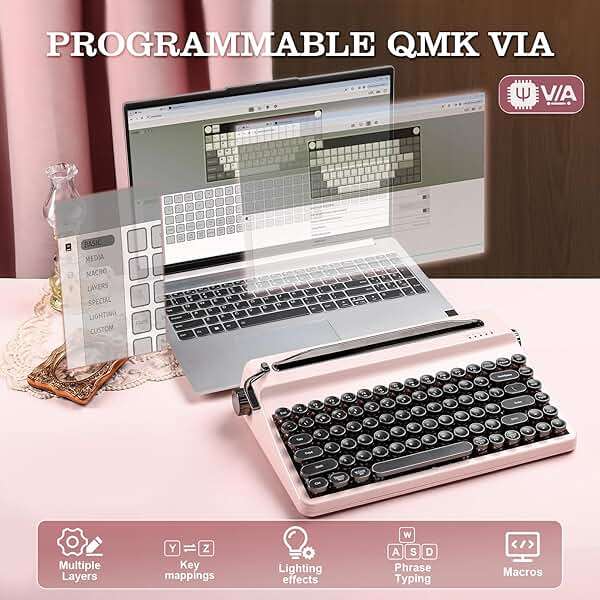 YUNZII QL75 Wireless Typewriter Hot Swap Retro Mechanical Keyboard,Punk Round Keycaps,RGB Backlit QMK/VIA Programmable,Multi-Device Keyboard with 2.4GHz/Type-C/BT5.0 (Pink, Cocoa Cream V2 Switch) - Image 6