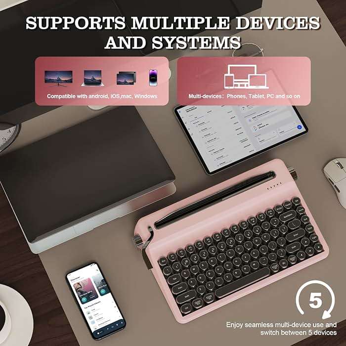YUNZII QL75 Wireless Typewriter Hot Swap Retro Mechanical Keyboard,Punk Round Keycaps,RGB Backlit QMK/VIA Programmable,Multi-Device Keyboard with 2.4GHz/Type-C/BT5.0 (Pink, Cocoa Cream V2 Switch) - Image 8