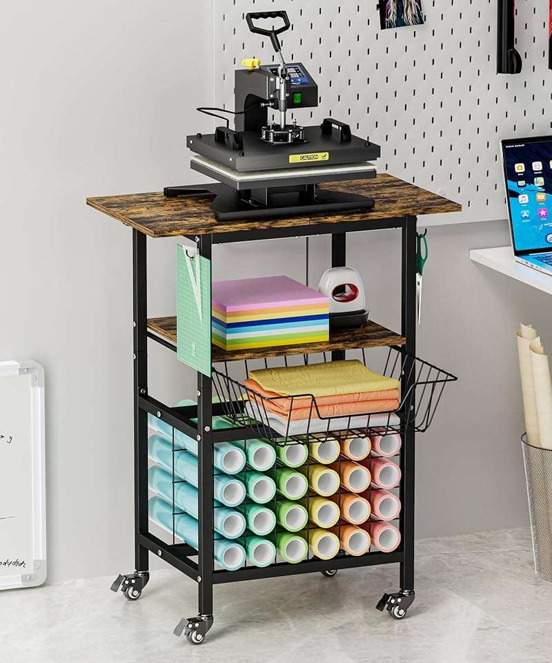 Ardier Movable Heat Press Machine Cart with Basket and Hooks, 3 Tier Crafting Shelf Organizer with Vinyl Roll Holder, Workbench for DIY Sublimation Transfer Machine and Printer or T-shirt Maker, Black - Image 1