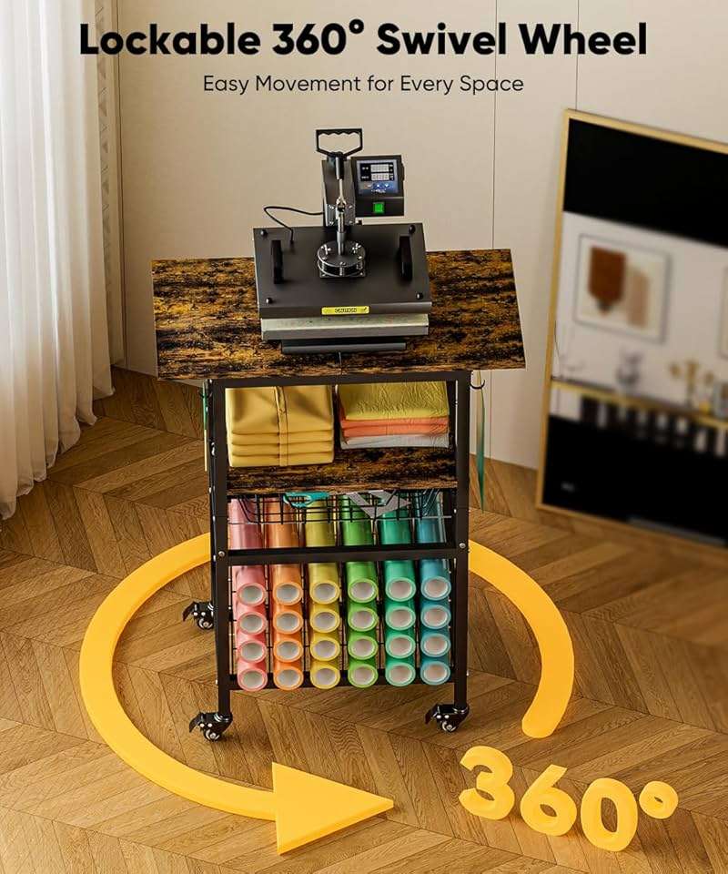 Ardier Movable Heat Press Machine Cart with Basket and Hooks, 3 Tier Crafting Shelf Organizer with Vinyl Roll Holder, Workbench for DIY Sublimation Transfer Machine and Printer or T-shirt Maker, Black - Image 4