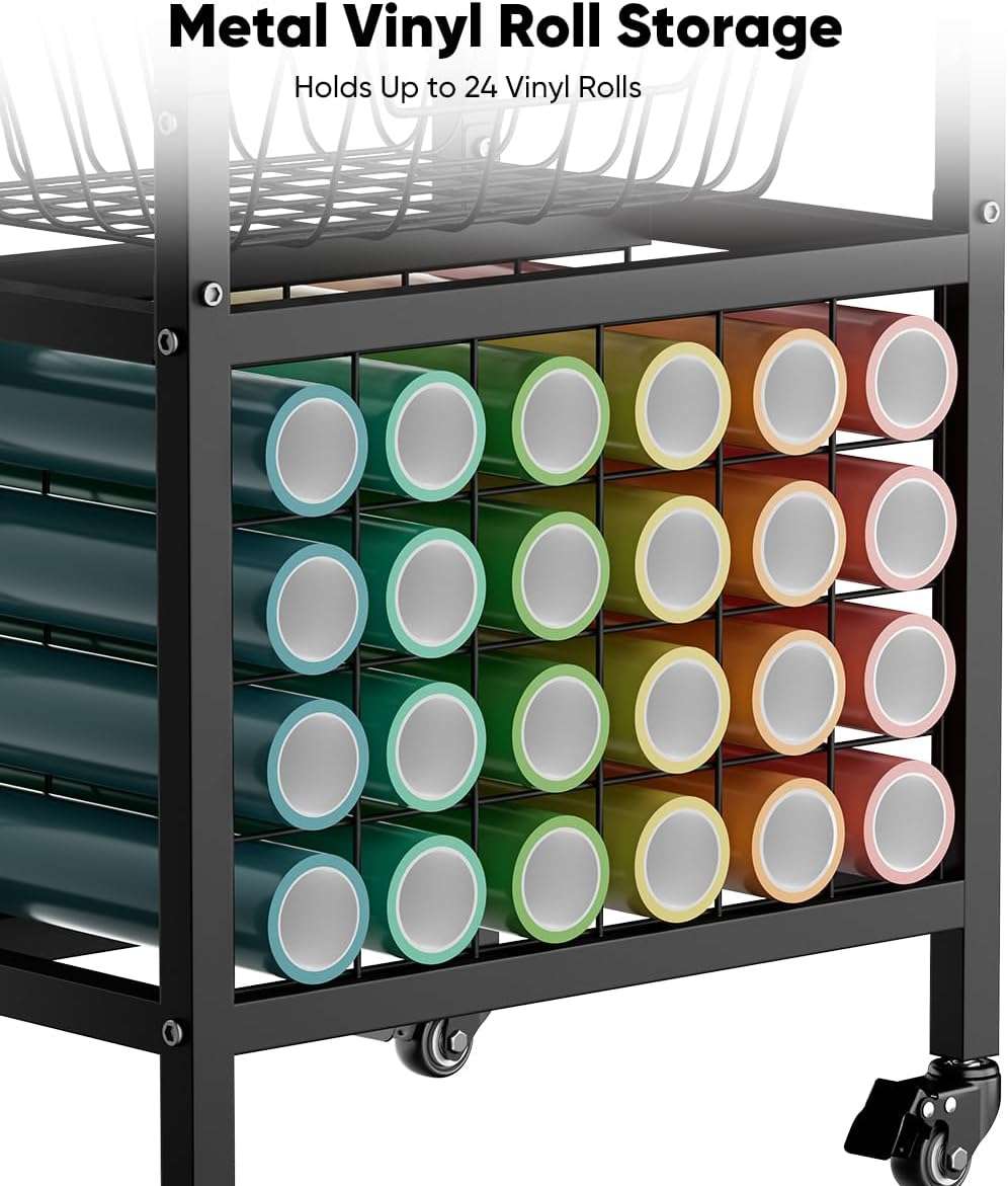 Ardier Movable Heat Press Machine Cart with Basket and Hooks, 3 Tier Crafting Shelf Organizer with Vinyl Roll Holder, Workbench for DIY Sublimation Transfer Machine and Printer or T-shirt Maker, Black - Image 6