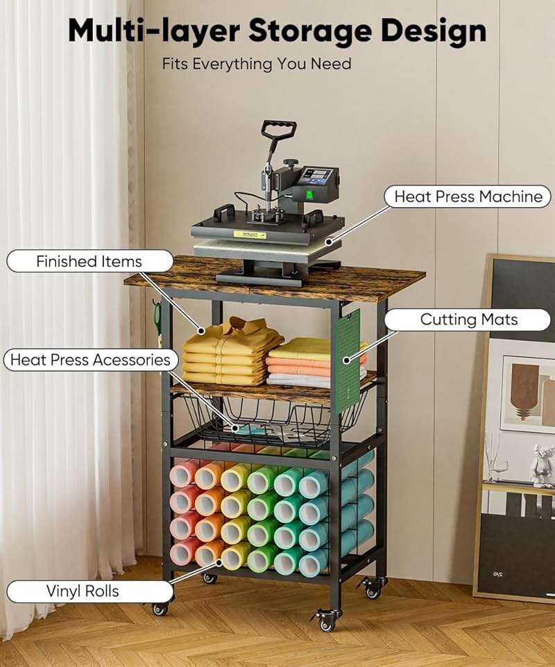 Ardier Movable Heat Press Machine Cart with Basket and Hooks, 3 Tier Crafting Shelf Organizer with Vinyl Roll Holder, Workbench for DIY Sublimation Transfer Machine and Printer or T-shirt Maker, Black - Image 7