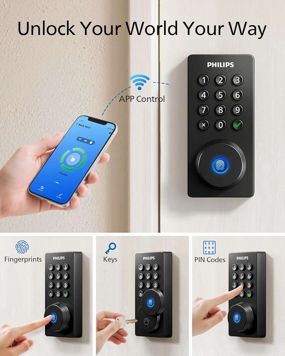 Philips Wi-Fi Door Lock, WiFi Smart Lock Keyless Entry Deadbolt for Front Door, Compatible with Alexa & Google Assistant, Remote Control, Built-in WiFi, APP Fingerprint Passcode Unlock, Auto Locking - Image 2