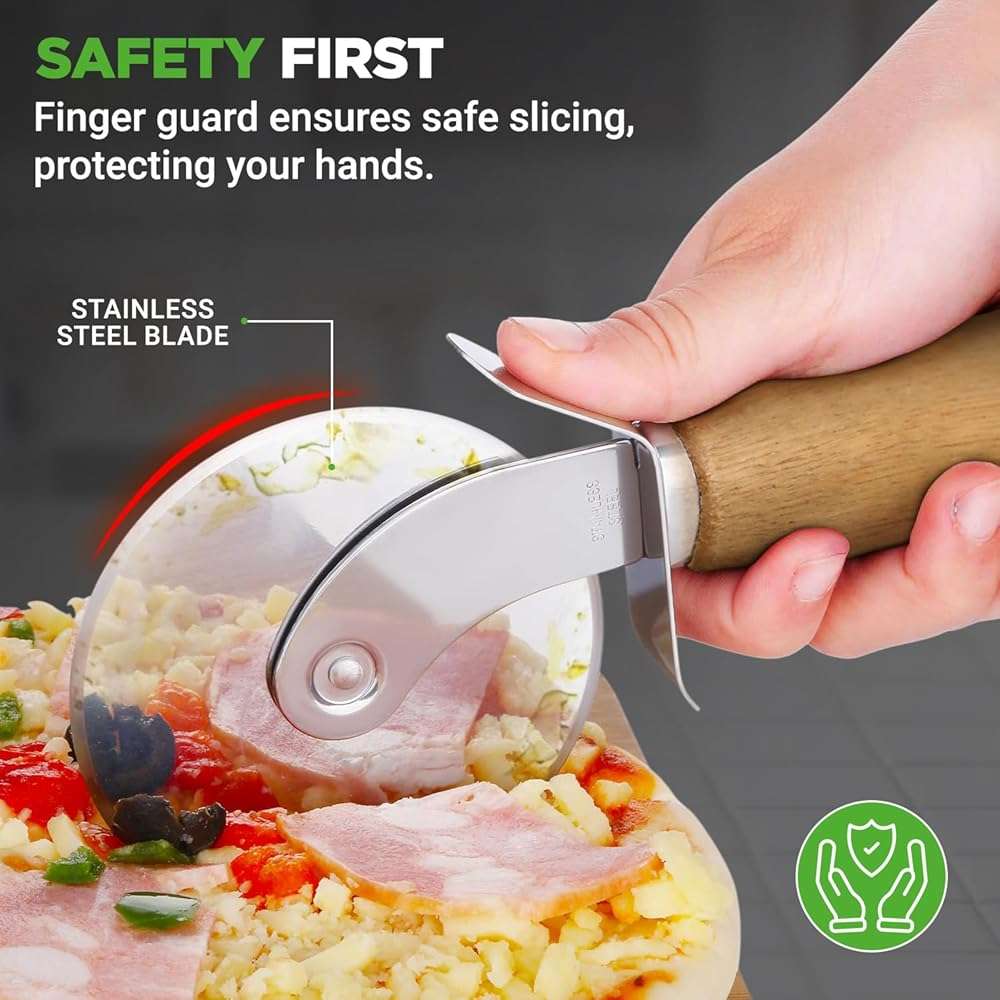 NutriChef Stainless Steel Pizza Cutter Wheel | Durable & Sharp Pizza Slicer with Built-in Finger Guard | Non-Slip Ergonomic Handle & Dishwasher Safe | Heavy Duty Rust Resistant 7” Pizza Wheel - Image 4