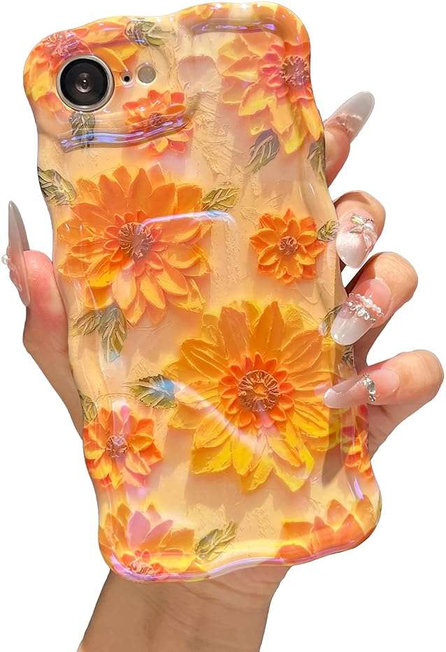 XIZYO Case for iPhone 17e/iPhone 16e, Colorful Retro Oil Painting Flower Cute Floral Aesthetic Curly Wave Frame Laser Glossy Reflective Exquisite Stylish Protective Cover Women Girls-Sunflower/Yellow - Image 1