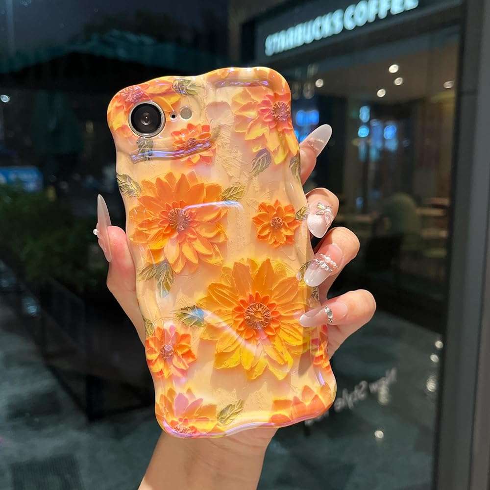 XIZYO Case for iPhone 17e/iPhone 16e, Colorful Retro Oil Painting Flower Cute Floral Aesthetic Curly Wave Frame Laser Glossy Reflective Exquisite Stylish Protective Cover Women Girls-Sunflower/Yellow - Image 3