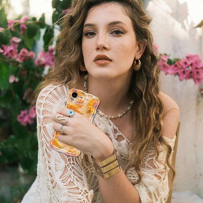 XIZYO Case for iPhone 17e/iPhone 16e, Colorful Retro Oil Painting Flower Cute Floral Aesthetic Curly Wave Frame Laser Glossy Reflective Exquisite Stylish Protective Cover Women Girls-Sunflower/Yellow - Image 5