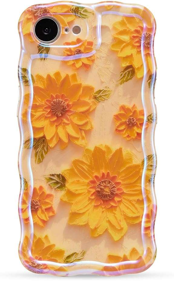XIZYO Case for iPhone 17e/iPhone 16e, Colorful Retro Oil Painting Flower Cute Floral Aesthetic Curly Wave Frame Laser Glossy Reflective Exquisite Stylish Protective Cover Women Girls-Sunflower/Yellow - Image 8
