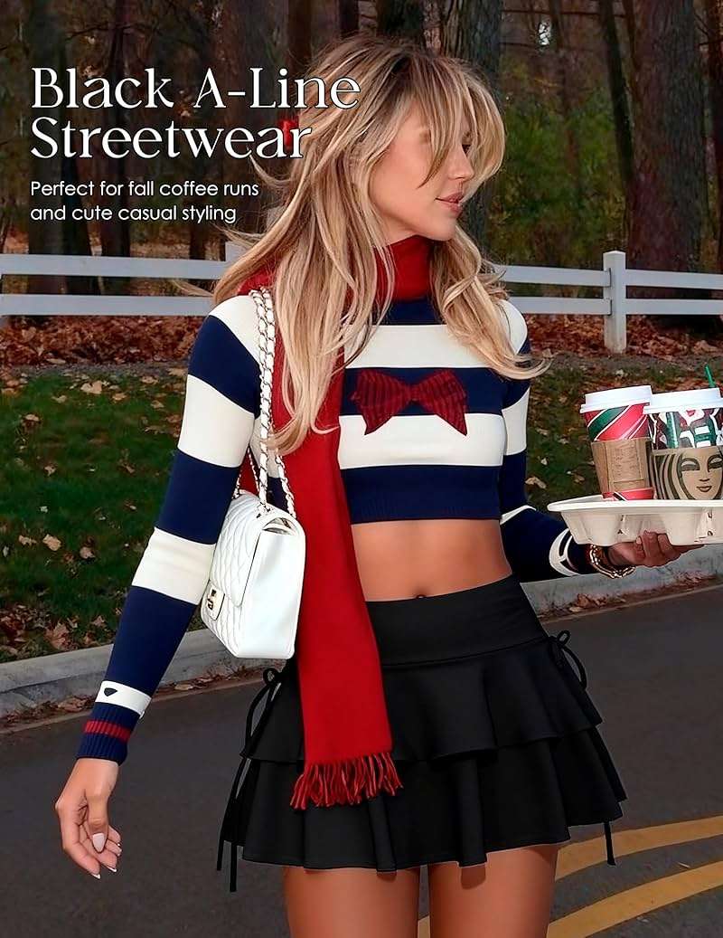 Girece Pleated Short Skirts for Women Mini Ruffle Skirt Y2k Flowy High Waisted Skirt Stretchy Layered Skater Skirt - Image 7