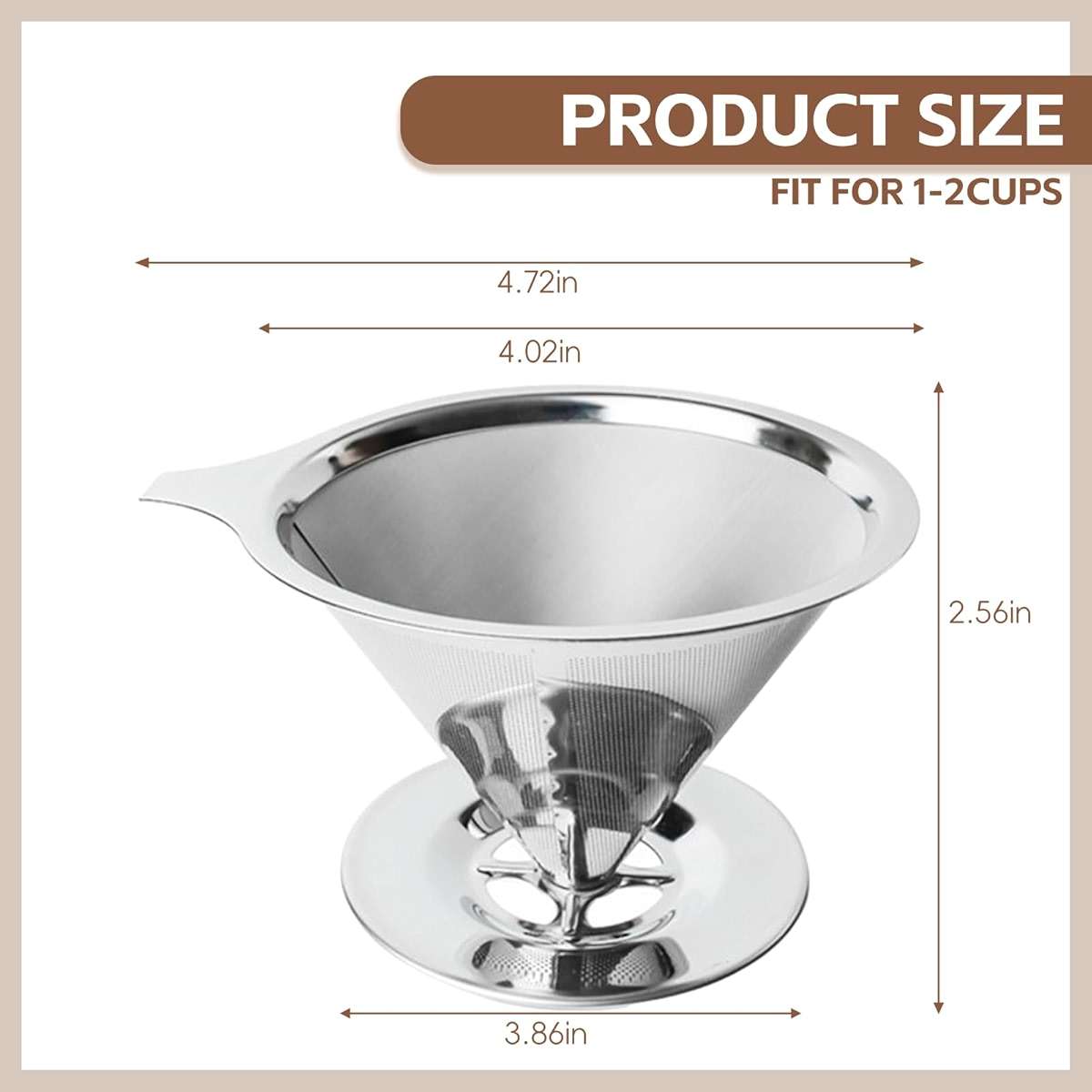 Pour Over Coffee Dripper Stainless Steel Coffee Filter Metal Cone Filter Extra Fine Wire Mesh Reusable Coffee Filter Coffee Maker (Silver, 1-2 Cups) - Image 2