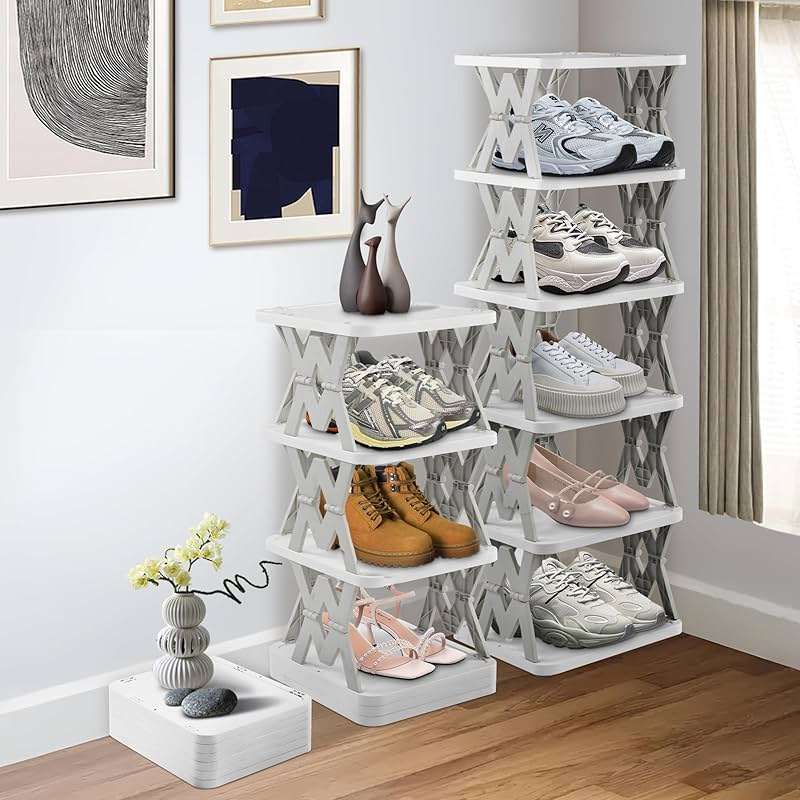 RILUKICH 6 Tier Collapsible Kids Shoe Rack, Small Vertical Foldable Shoe Organizer for Front Door Entrance, Dorm, Bedroom, and Small Spaces (Grey-w) - Image 1