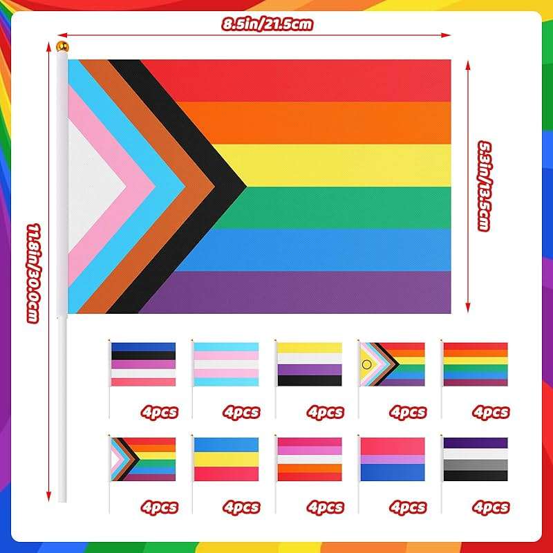 AUGSUN 40 Pcs Rainbow Pride Flags and 50 Gay Stickers Small Mini Handheld Pansexual Bisexual Trans Lesbian Gay Flag LGBTQ Inlcusive Flags for Pride Month Decorations, 5x8 Inch - Image 4