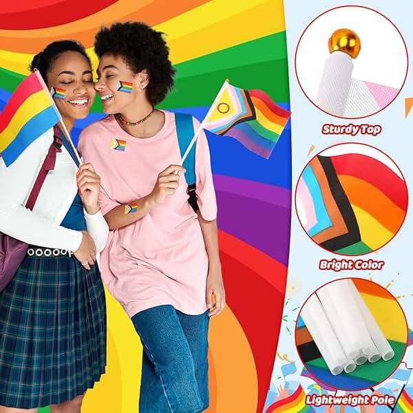 AUGSUN 40 Pcs Rainbow Pride Flags and 50 Gay Stickers Small Mini Handheld Pansexual Bisexual Trans Lesbian Gay Flag LGBTQ Inlcusive Flags for Pride Month Decorations, 5x8 Inch - Image 6