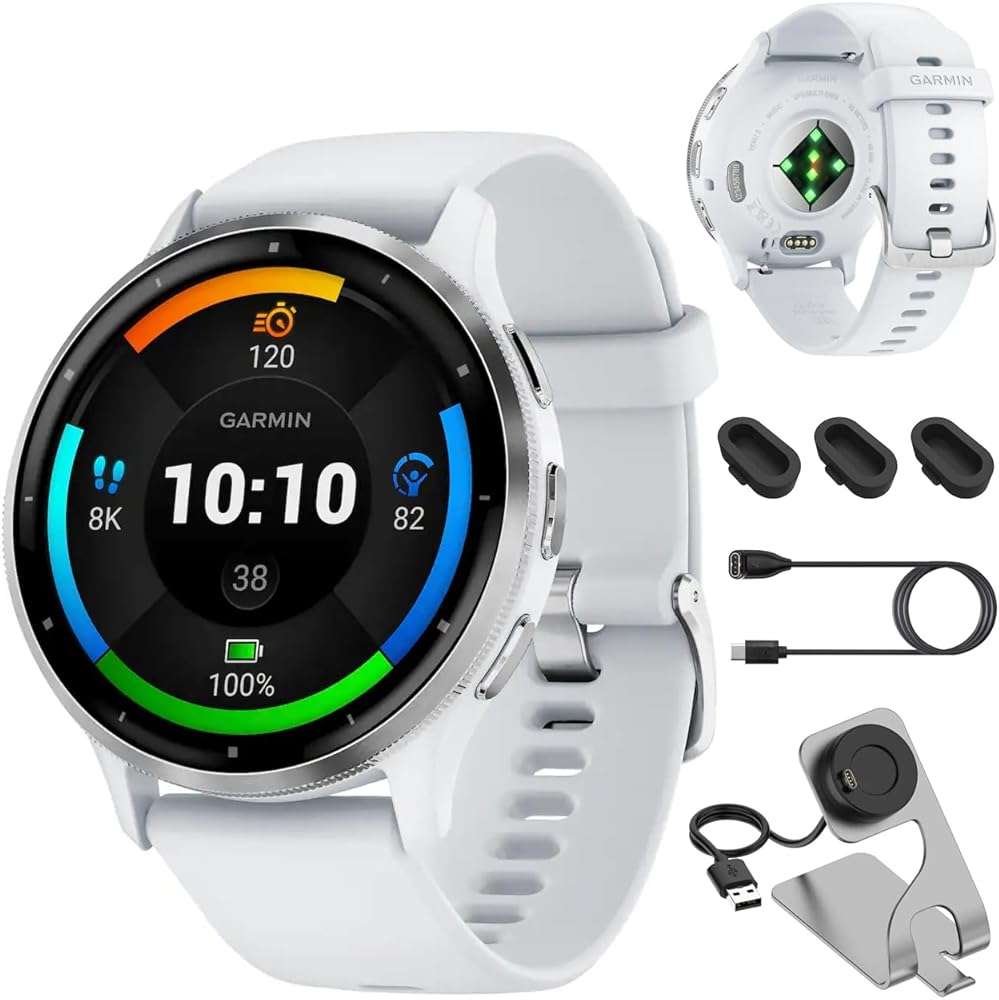 Garmin Venu 3 Silver Stainless Steel Bezel 1.4-Inch AMOLED Touchscreen Smartwatch with 45mm Whitestone Case and Silicone Band Bundle with Deco Essentials Charging Dock, Dust Covers and USB-C Cable - Image 1