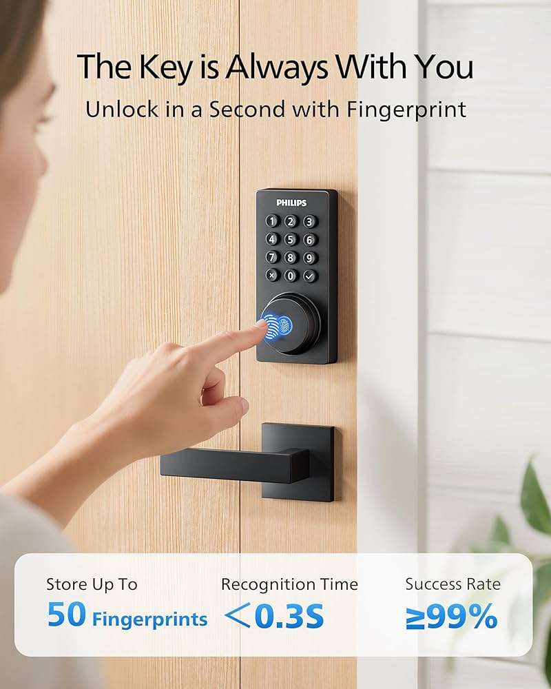 Philips WiFi Keypad Door Lock with Handle, Built-in WiFi, APP Remote Control, Voice & Fingerprint Unlock, Smart Locks for Front Door with Auto Lock, Digital Front Door Lock Set, Keyless Entry Deadbolt - Image 3