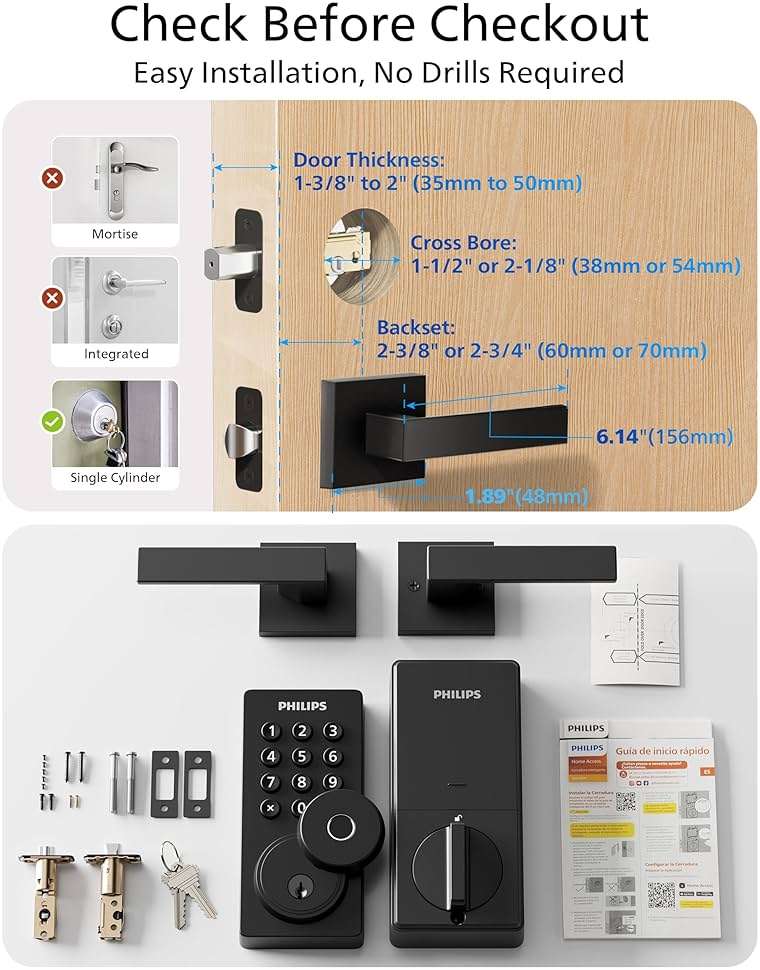 Philips WiFi Keypad Door Lock with Handle, Built-in WiFi, APP Remote Control, Voice & Fingerprint Unlock, Smart Locks for Front Door with Auto Lock, Digital Front Door Lock Set, Keyless Entry Deadbolt - Image 9