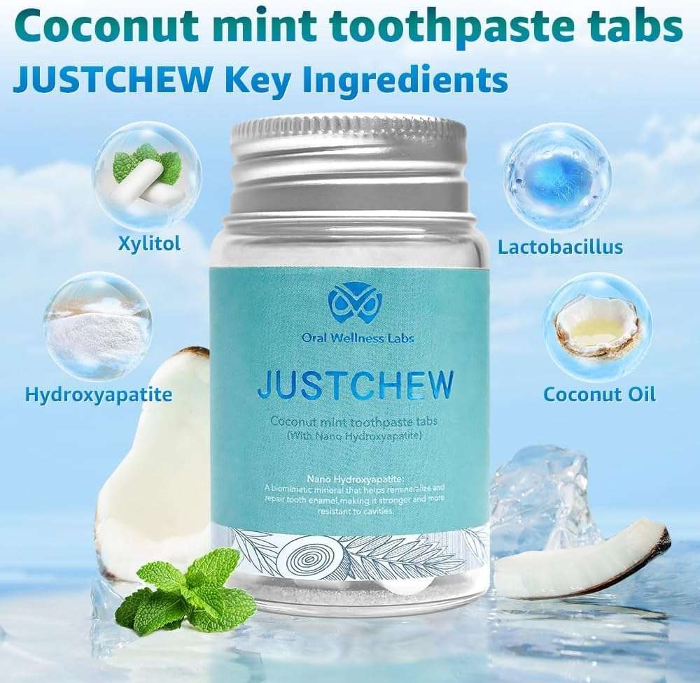 Oral Wellness Labs Toothpaste Tablets - Nano Hydroxyapatite,Fluoride & Plastic Free, Eco & Travel Friendly,Natural Whitening Toothpaste - Remineralize with NHA (1 Bottle / 1 Month-Coconut Mint) - Image 4