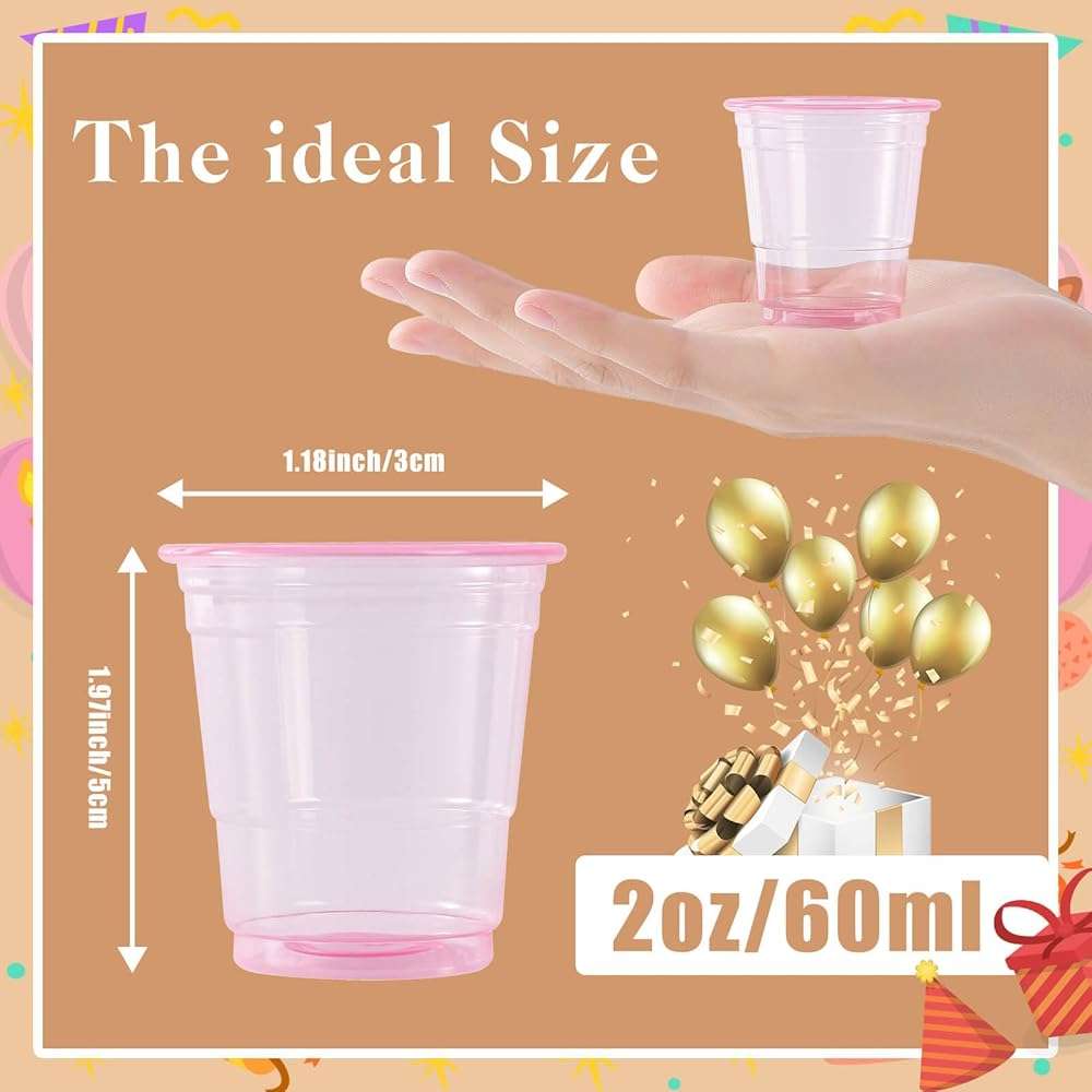 HAOZAN 100ct 2oz Mini Clear Shot Glasses, Disposable Small Plastic Cups for Parties, Weddings, Events | Bulk Pack, Pink - Image 3
