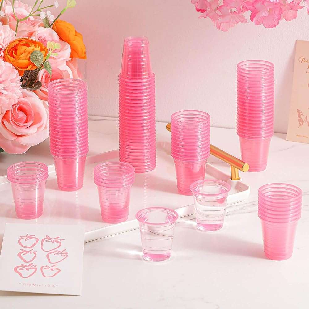 HAOZAN 100ct 2oz Mini Clear Shot Glasses, Disposable Small Plastic Cups for Parties, Weddings, Events | Bulk Pack, Pink - Image 5