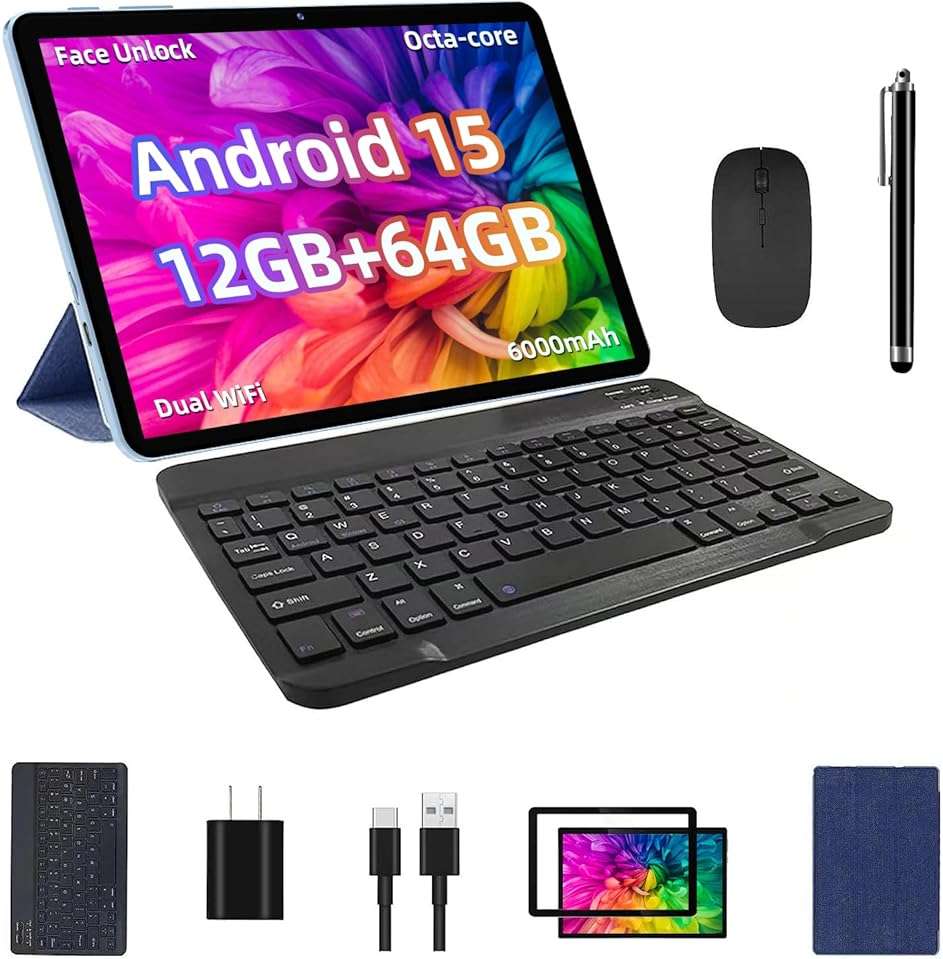 TUOHAITIME Android 15 Tablet, 12GB+64GB+1TB Expand, 10inch Tablet Bundle with Keyboard Case, Stylus Pen, Octa-core CPU, Dual Camera, WiFi6, 6000mAh Battery+18W Fast Charge, Support Face Unlock,Blue - Image 1