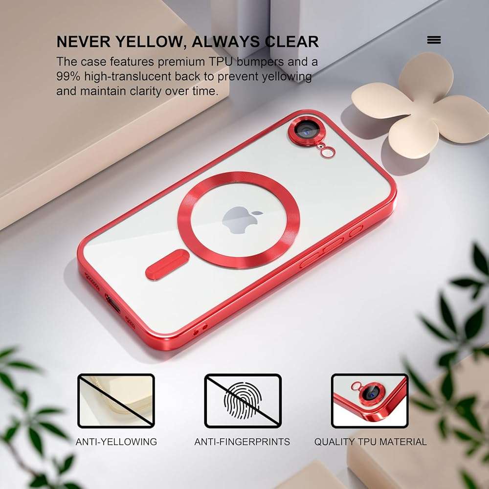 Misea Magnetic for iPhone 17e / 16e Case Compatible with MagSafe [Never Yellowing] [Military Grade Drop Protection] Full Camera Lens Protector Plating Soft Clear Phone Case for Women 6.1 inch, Red - Image 3