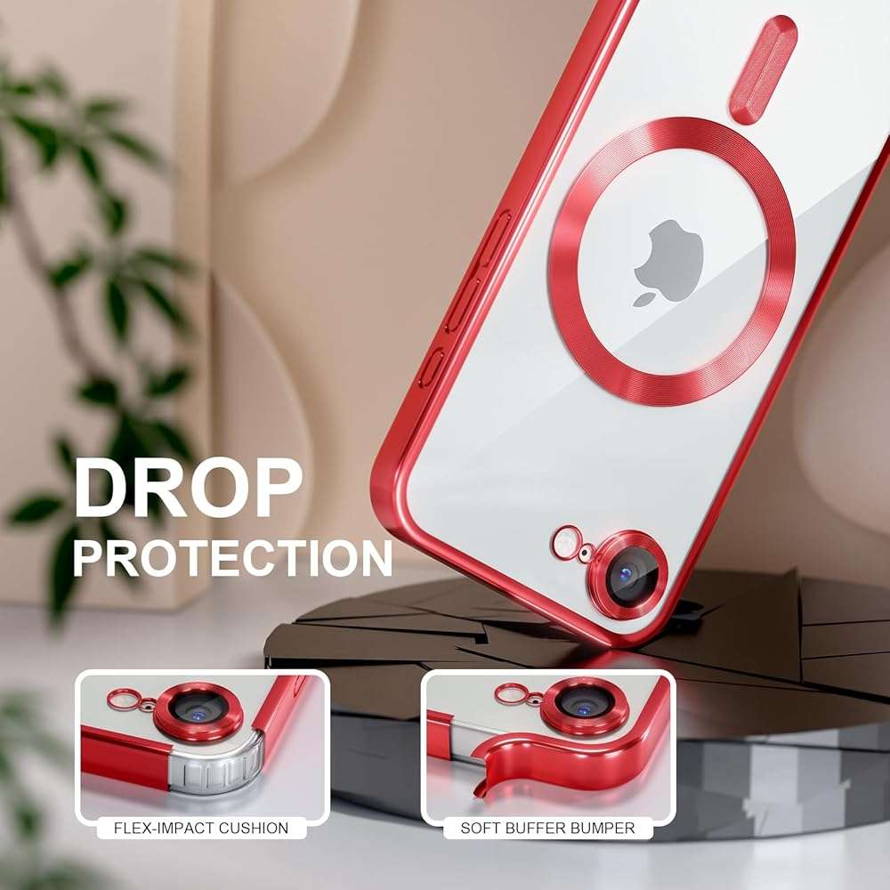 Misea Magnetic for iPhone 17e / 16e Case Compatible with MagSafe [Never Yellowing] [Military Grade Drop Protection] Full Camera Lens Protector Plating Soft Clear Phone Case for Women 6.1 inch, Red - Image 4