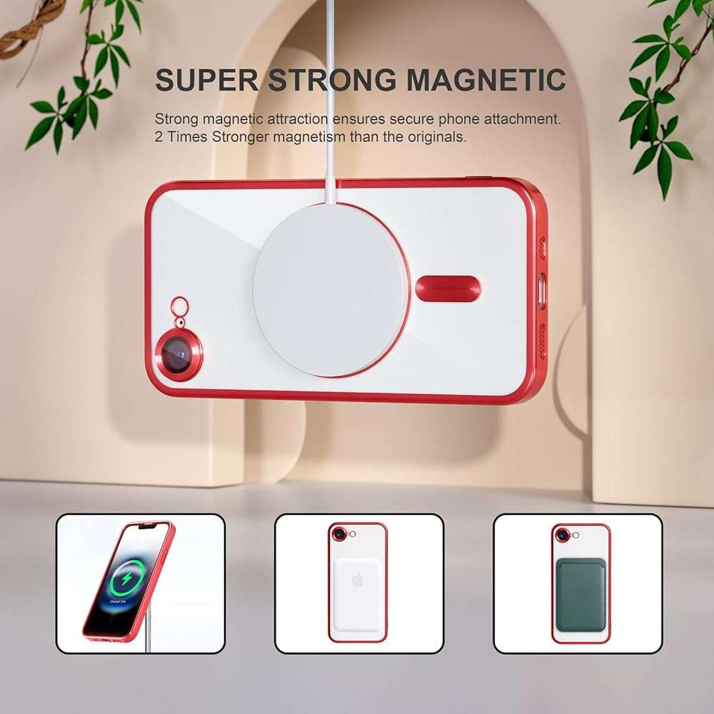 Misea Magnetic for iPhone 17e / 16e Case Compatible with MagSafe [Never Yellowing] [Military Grade Drop Protection] Full Camera Lens Protector Plating Soft Clear Phone Case for Women 6.1 inch, Red - Image 5