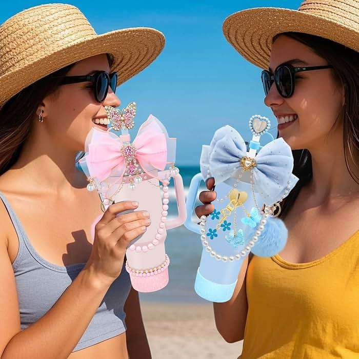 LBU Bling Stanley Cup Accessories for 40&30&20 Oz Tumbler Including Diamond Bow Straw Topper, Stanley Bracelets Charms, Butterfly Straw Cover Cap, Pearl Handle Strap, Silicone Boot, Pom-Pom (Pink) - Image 2