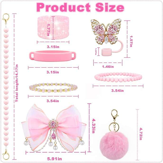 LBU Bling Stanley Cup Accessories for 40&30&20 Oz Tumbler Including Diamond Bow Straw Topper, Stanley Bracelets Charms, Butterfly Straw Cover Cap, Pearl Handle Strap, Silicone Boot, Pom-Pom (Pink) - Image 3