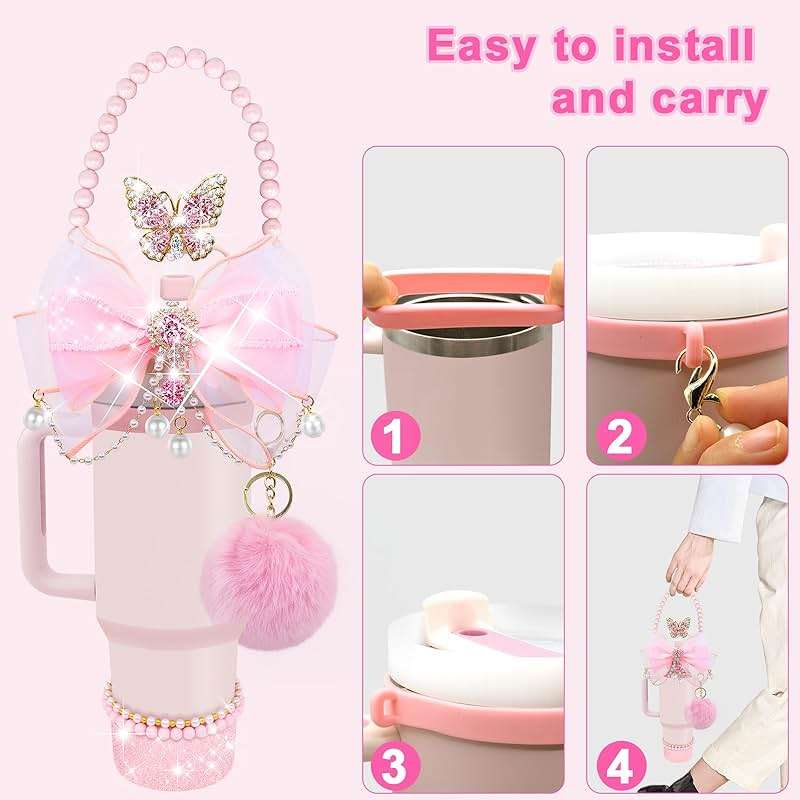 LBU Bling Stanley Cup Accessories for 40&30&20 Oz Tumbler Including Diamond Bow Straw Topper, Stanley Bracelets Charms, Butterfly Straw Cover Cap, Pearl Handle Strap, Silicone Boot, Pom-Pom (Pink) - Image 4