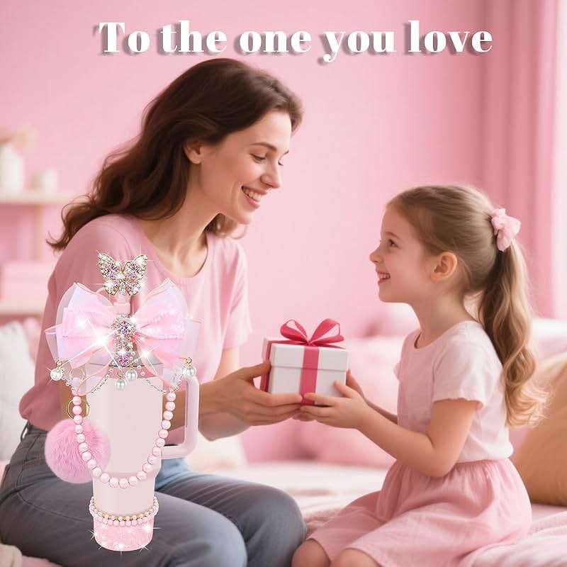 LBU Bling Stanley Cup Accessories for 40&30&20 Oz Tumbler Including Diamond Bow Straw Topper, Stanley Bracelets Charms, Butterfly Straw Cover Cap, Pearl Handle Strap, Silicone Boot, Pom-Pom (Pink) - Image 5