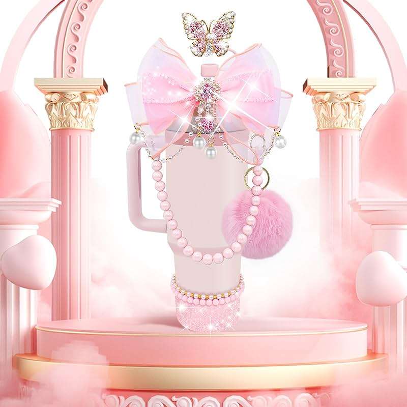 LBU Bling Stanley Cup Accessories for 40&30&20 Oz Tumbler Including Diamond Bow Straw Topper, Stanley Bracelets Charms, Butterfly Straw Cover Cap, Pearl Handle Strap, Silicone Boot, Pom-Pom (Pink) - Image 7