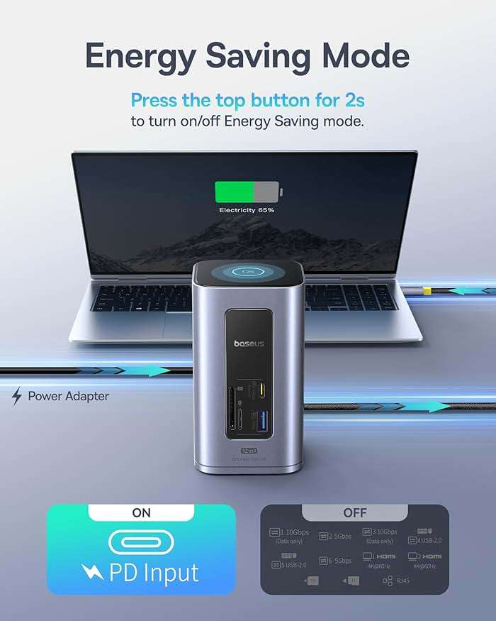 Baseus Nomos Air 12 in 1 Docking Station, Dual Monitor Laptop Docking Station for Windows, 2 Monitor 4K HDMI, 10Gbps USB-C/A, PD 100W, USB C Docking Station Compatible for Laptop HP/Lenovo/Dell/Acer - Image 8
