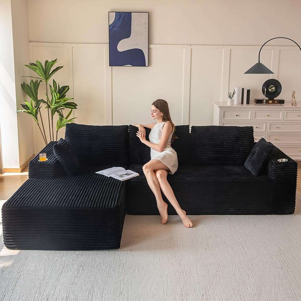 MAXYOYO 104" Modular Sectional Couch with L-Shape Chaise, Modern Boneless Couch for Living Room, Sofa in A Box, Oversized Sofa with Deep Seat, No Assembly Required, Black - Image 1