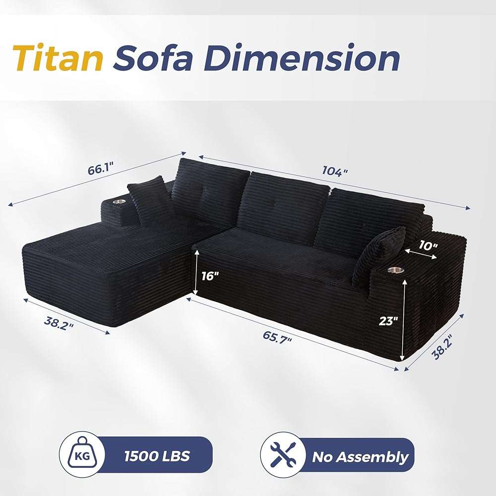 MAXYOYO 104" Modular Sectional Couch with L-Shape Chaise, Modern Boneless Couch for Living Room, Sofa in A Box, Oversized Sofa with Deep Seat, No Assembly Required, Black - Image 2