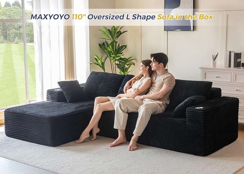 MAXYOYO 104" Modular Sectional Couch with L-Shape Chaise, Modern Boneless Couch for Living Room, Sofa in A Box, Oversized Sofa with Deep Seat, No Assembly Required, Black - Image 3