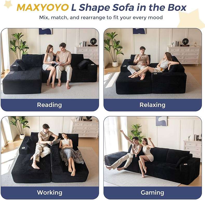 MAXYOYO 104" Modular Sectional Couch with L-Shape Chaise, Modern Boneless Couch for Living Room, Sofa in A Box, Oversized Sofa with Deep Seat, No Assembly Required, Black - Image 4