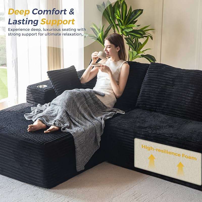 MAXYOYO 104" Modular Sectional Couch with L-Shape Chaise, Modern Boneless Couch for Living Room, Sofa in A Box, Oversized Sofa with Deep Seat, No Assembly Required, Black - Image 7