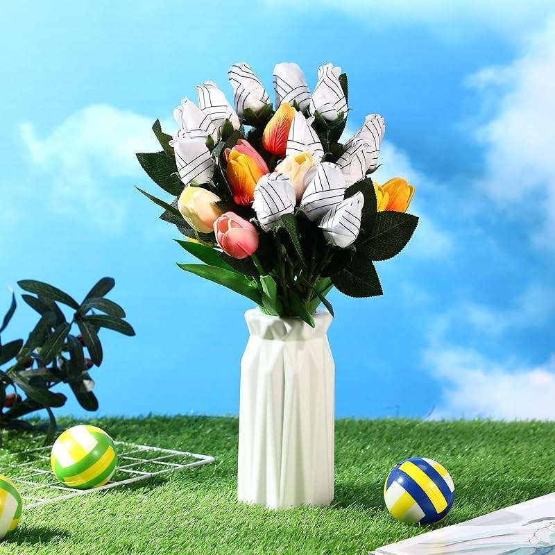 Suhine 6 Pcs Artificial Volleyball Rose Flowers Sports Party Favors Bulk for Birthday Graduation Wedding Party Decoration Table Centerpieces Mom Team Coach Senior Night Gift(Volleyball Color, Normal) - Image 2