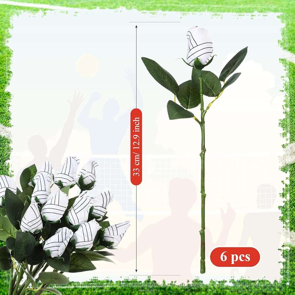 Suhine 6 Pcs Artificial Volleyball Rose Flowers Sports Party Favors Bulk for Birthday Graduation Wedding Party Decoration Table Centerpieces Mom Team Coach Senior Night Gift(Volleyball Color, Normal) - Image 3