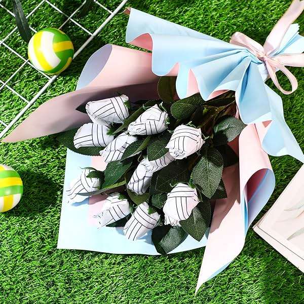 Suhine 6 Pcs Artificial Volleyball Rose Flowers Sports Party Favors Bulk for Birthday Graduation Wedding Party Decoration Table Centerpieces Mom Team Coach Senior Night Gift(Volleyball Color, Normal) - Image 5